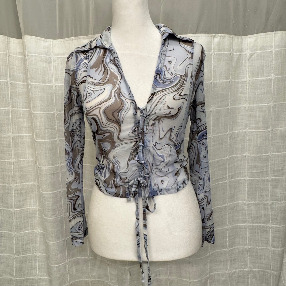 Meraki Womens‎ XS Blue Marble Psychedelic Mesh Ruched Lace Up Long Sleeve Top